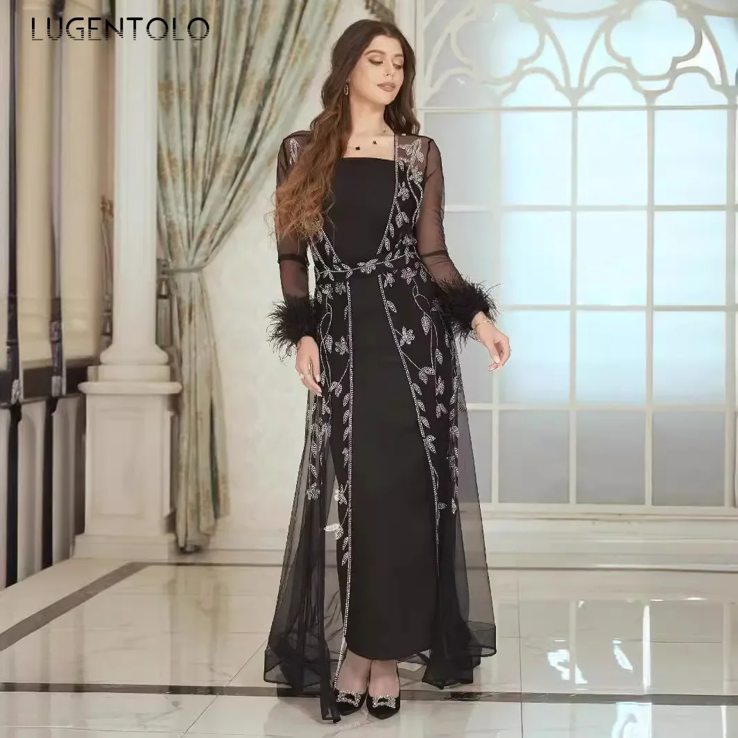 

Women Hot Diamond Caftan Robe Dress Set Elegant Party High Quality Mesh Sexy Perspective Long Sleeve Lady Lace-up Banquet Cloth