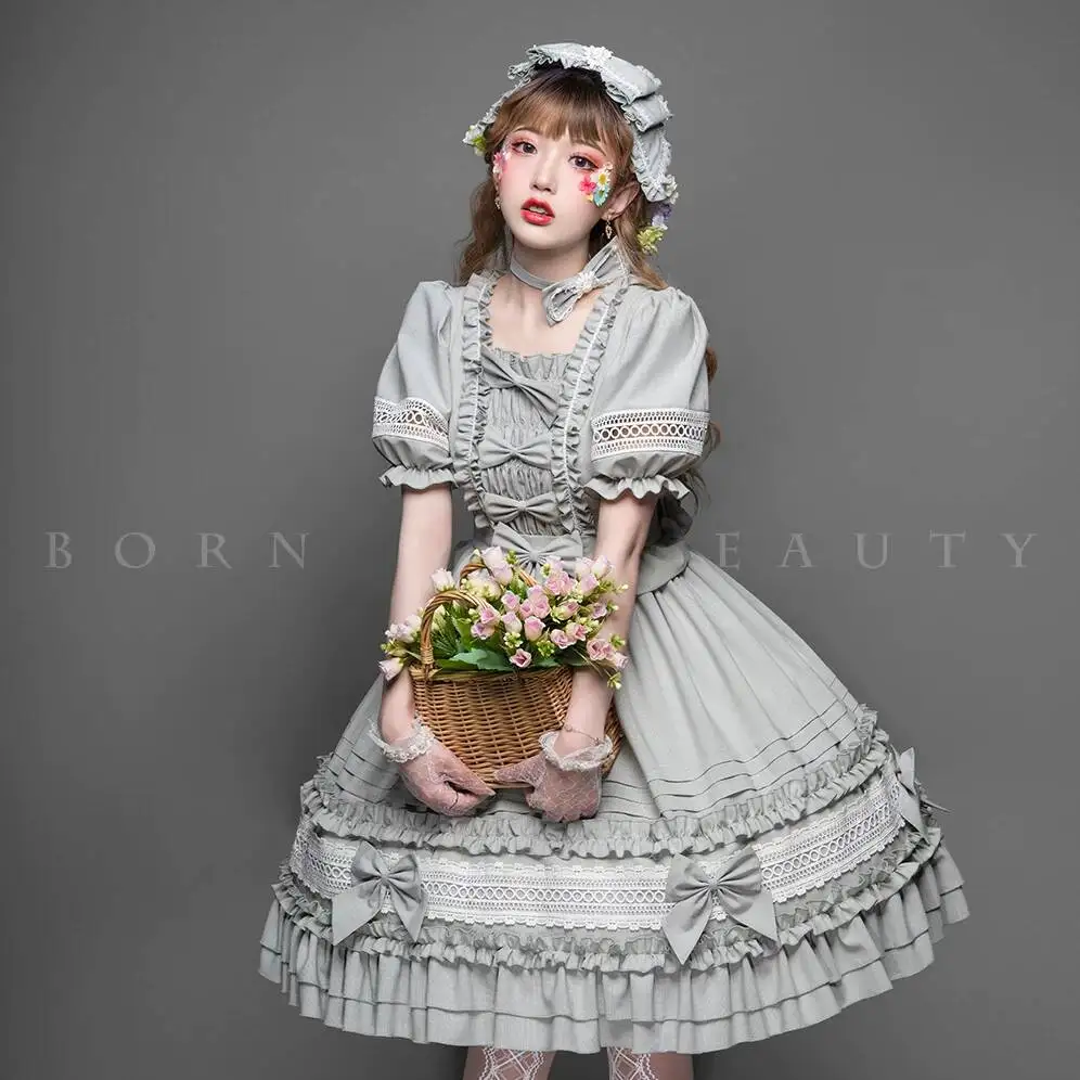 

Sweet Lolita OP Dress Gray Puff Sleeve Lace Ruffle Bow Victorian Classic Lolita Dresses Japanese Harajuku Kawaii Party Costume
