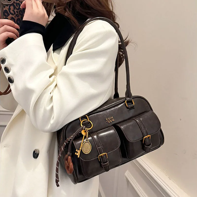 

2026Новая женская винтажная кожаная сумка на плечо с несколькими карманами, большая вместительная съемная сумка с подвеской, универсальная большая сумка с верхней ручкой