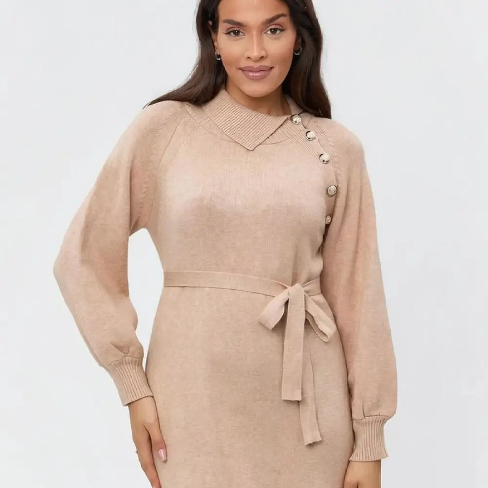 Vintage Style Knitted Sweater Dress Women Lapel Button Side Detail Autumn Winter Long Sleeve Slim Midi Dresses Casual Wear