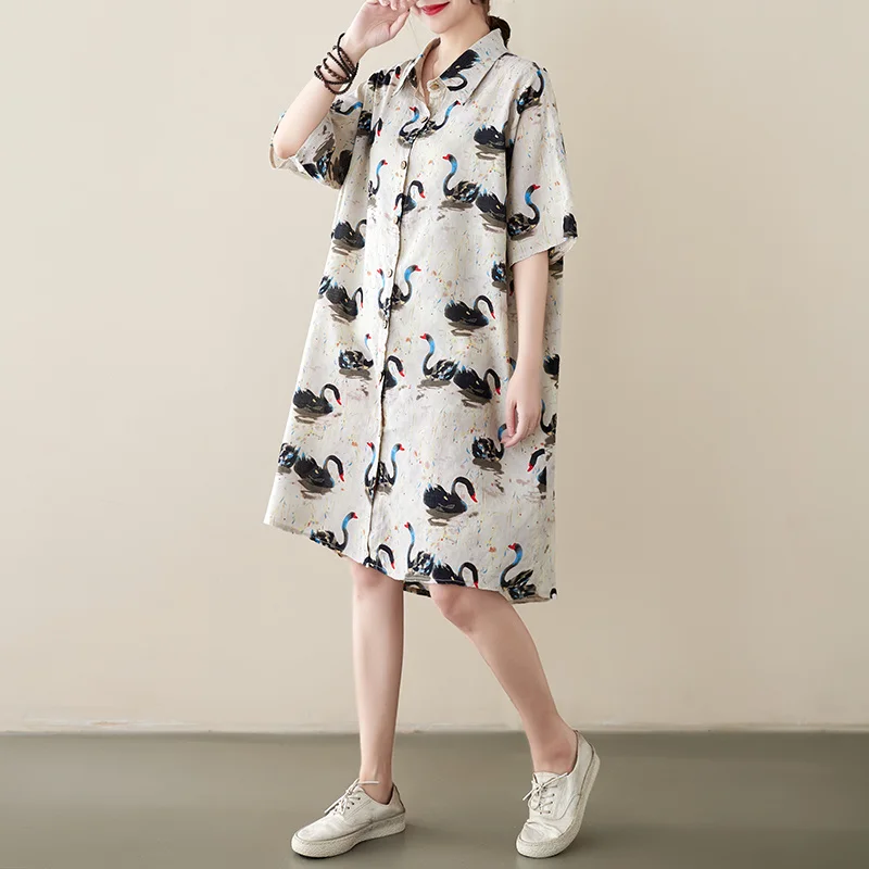 #3371 Summer Cotton Linen Shirt Dress Short Sleeve Asymmetrical Shirt Dress Loose Vintage Animal Printed Vestidos Front Buttons