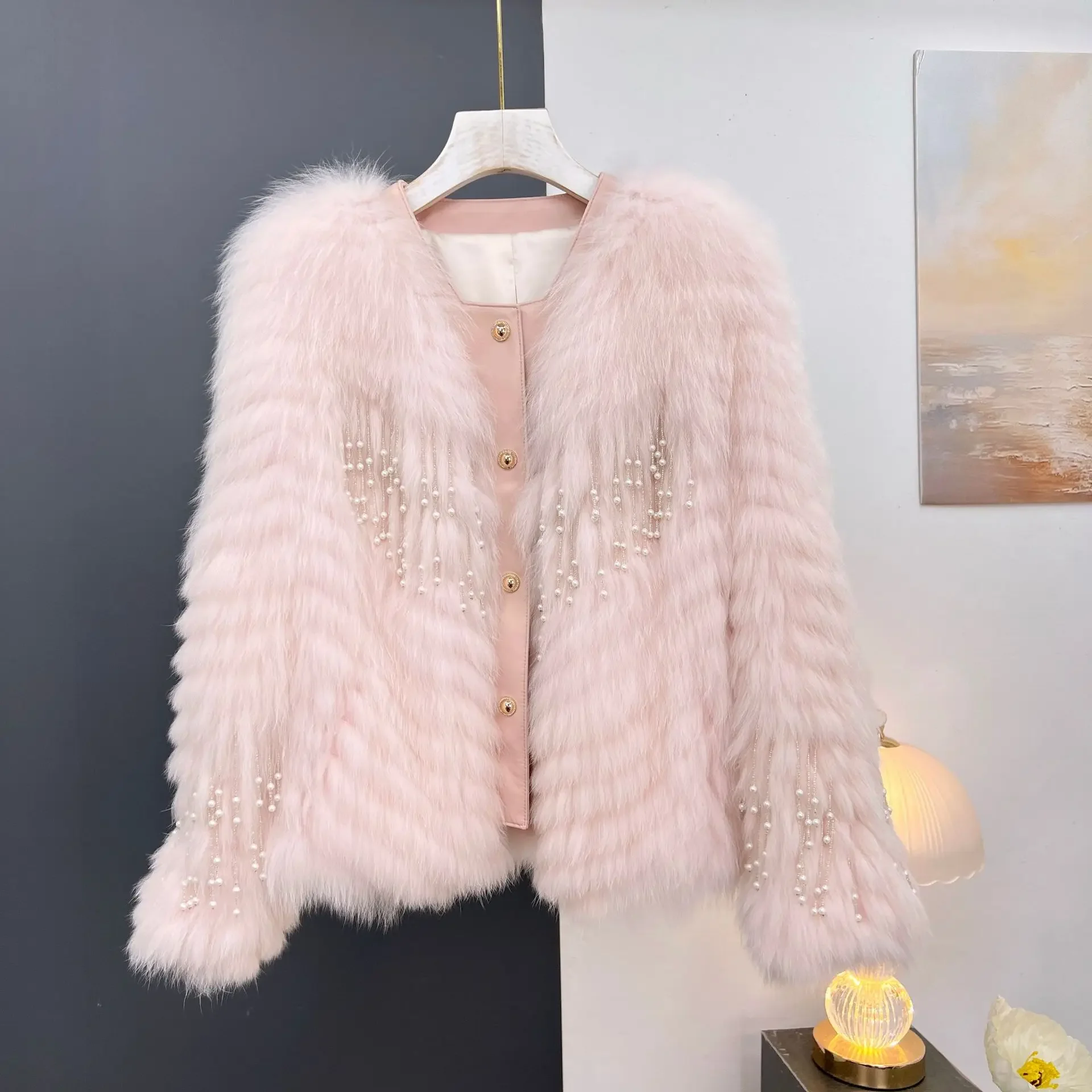 

(Fox Beauty) New Fox Fur Grass Coat Car Bar Design+Pearl Pendant Tassel Design