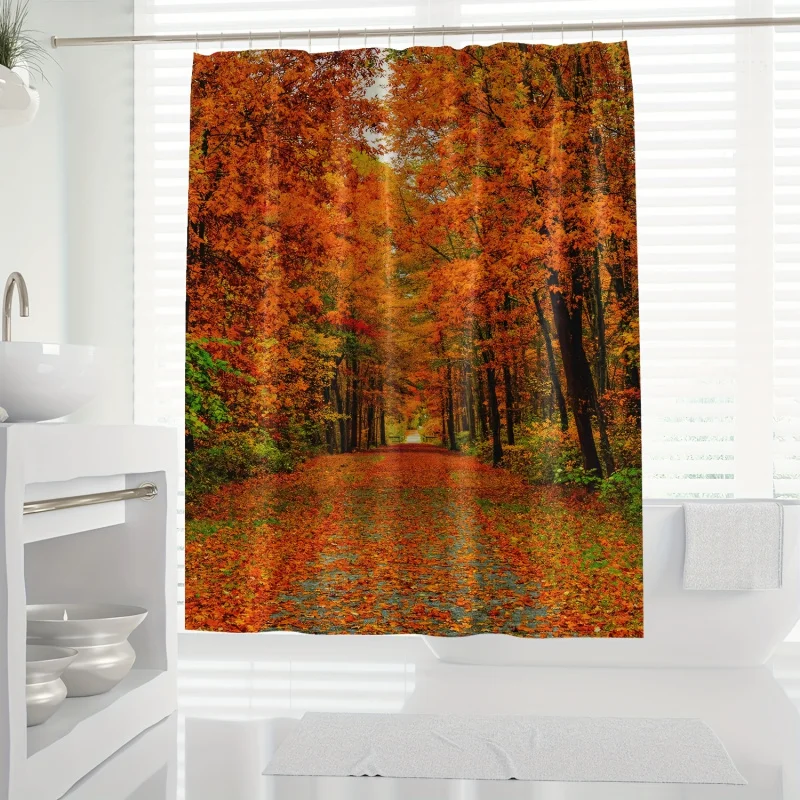 Autumn Bliss: 1pc waterproof shower curtain with serene scenery print, includes hooks-perfect for all seasons