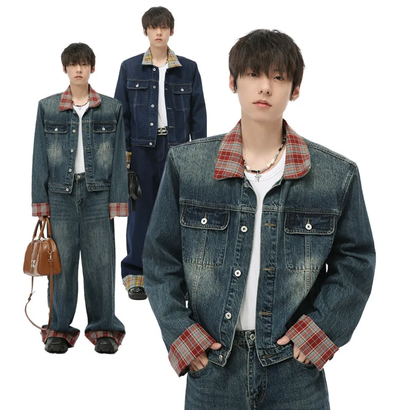 

SYUHGFA Plaid Contract Color Men's Two-piece Suit Design Turn Down Collar Denim Jacket Wide Leg Jeans Casual Men Set 2024 Autumn