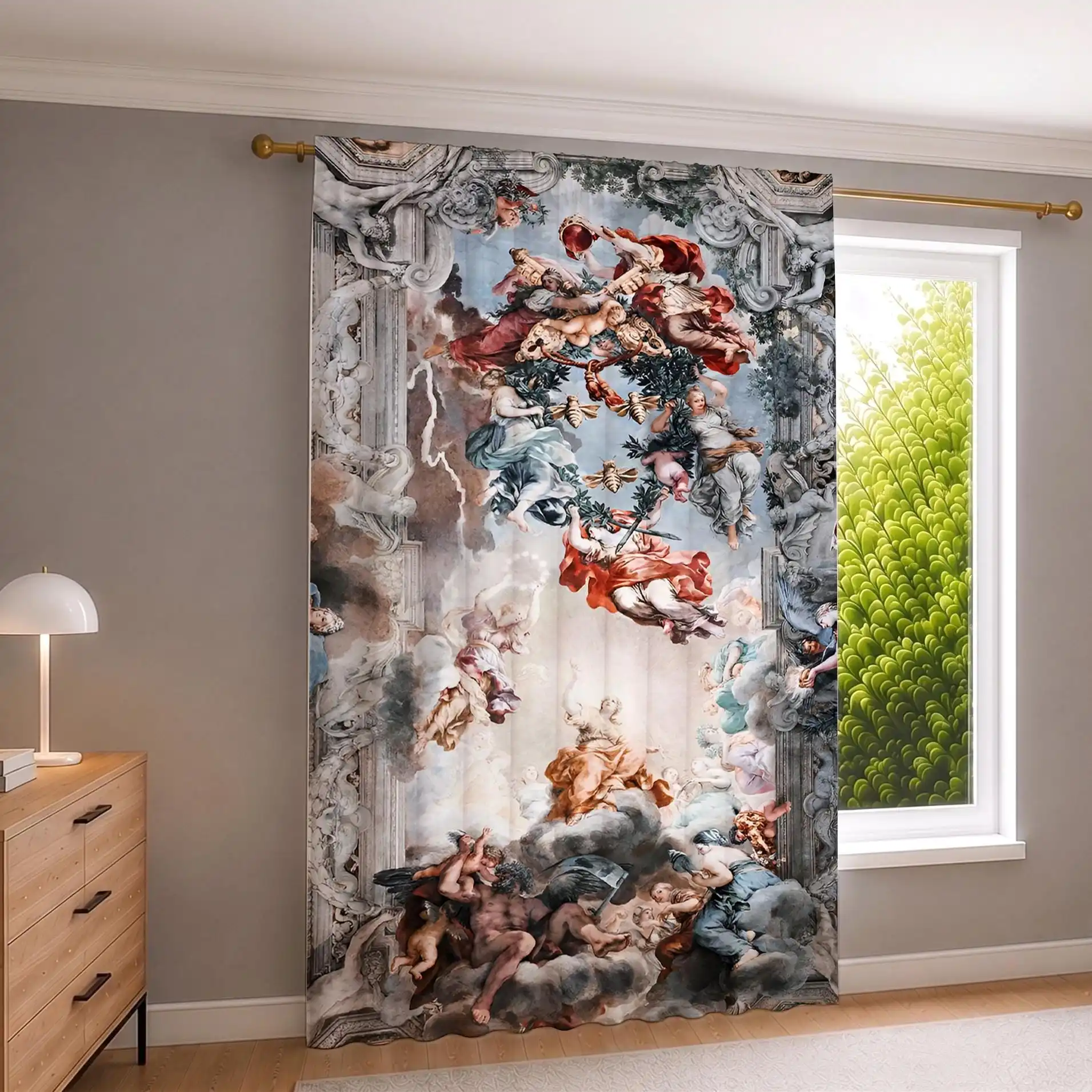Grand Baroque Art Print Curtain Panel for Living Room Home Decor Luxury Renaissance Style Window Treatment