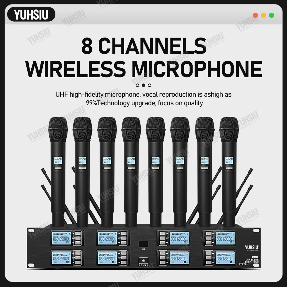 YUHSIU Professional UHF Wireless Microphone 8 Channels Handheld Lavalier Headset FM Mic For Stage Performance Band Conference