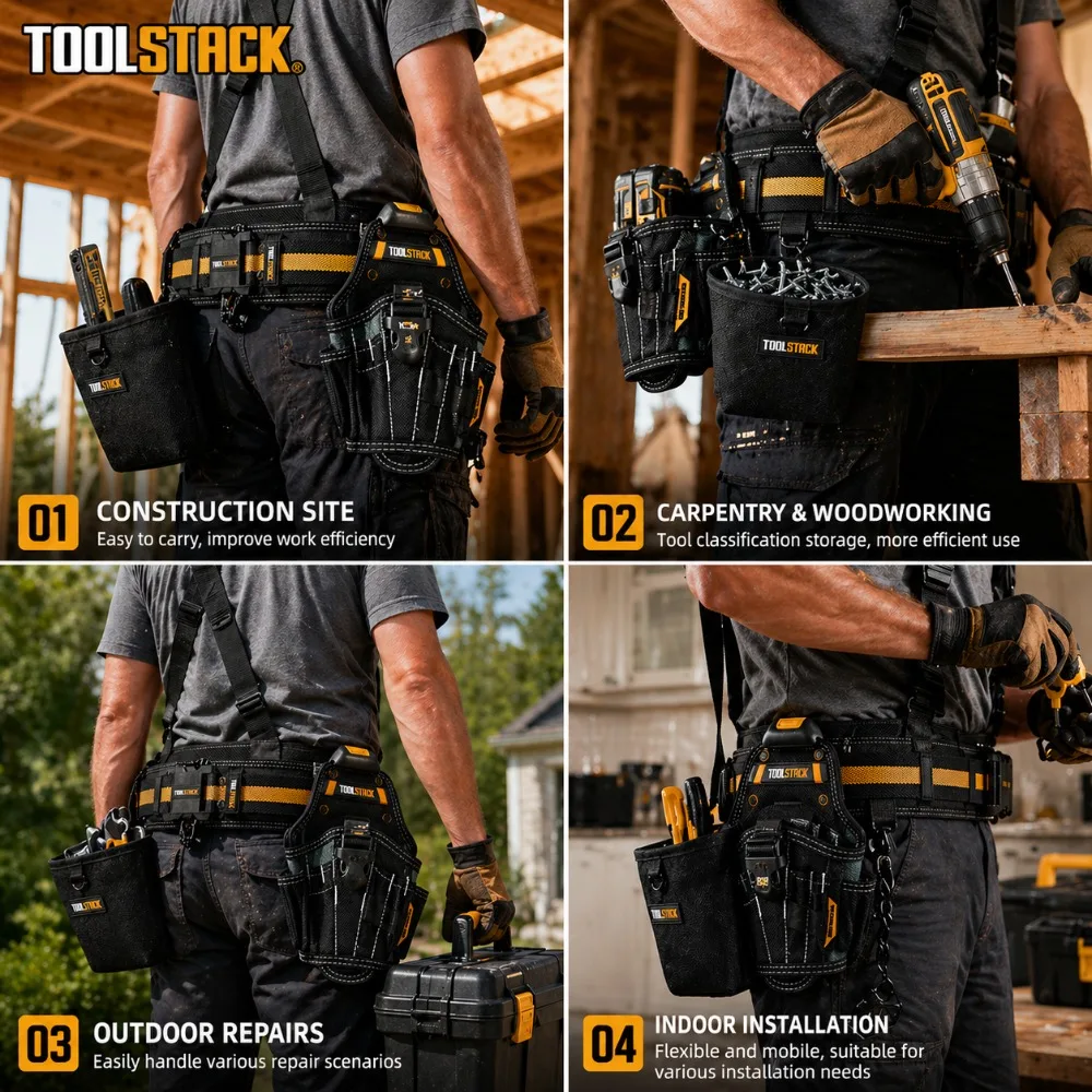 TOOLSTACK 5PCS Tool Belt Set with Suspenders, Multi-Pocket Tool Pouch, Heavy Duty Waist Belt, Carpenter Utility Kit for Work&DIY