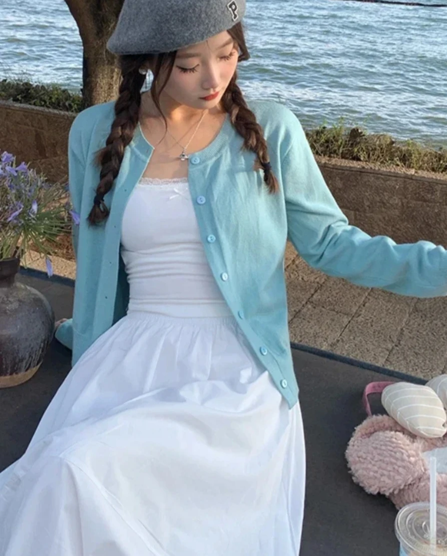 

2025 Vintage Long Sleeve Cardigan Women Sweater O-neck Elegant Knitted Top Fashion Autumn Grey Knitwear