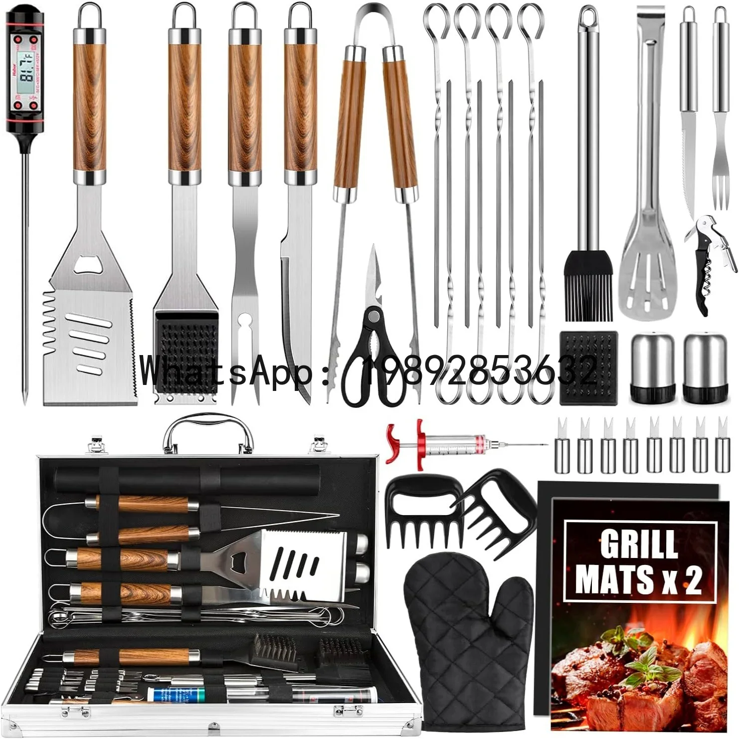 Wood grain bbq tool set - 38 piece aluminum case with wooden handles - outdoor picnic grilling combo
