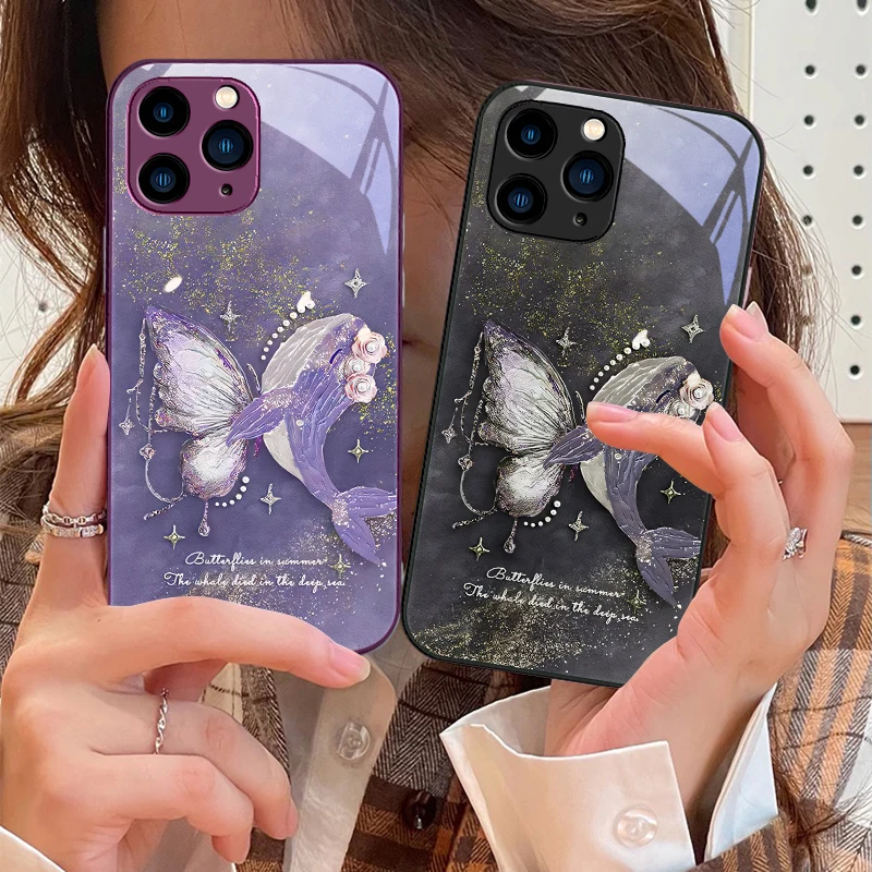 

Dreamy Butterfly Colors purple For IPhone 16 Pro Max 15 Pro 14 13 12 Mini 11 XS Max XR 7 8 Plu SE 2022 Tempered Glass Phone Case