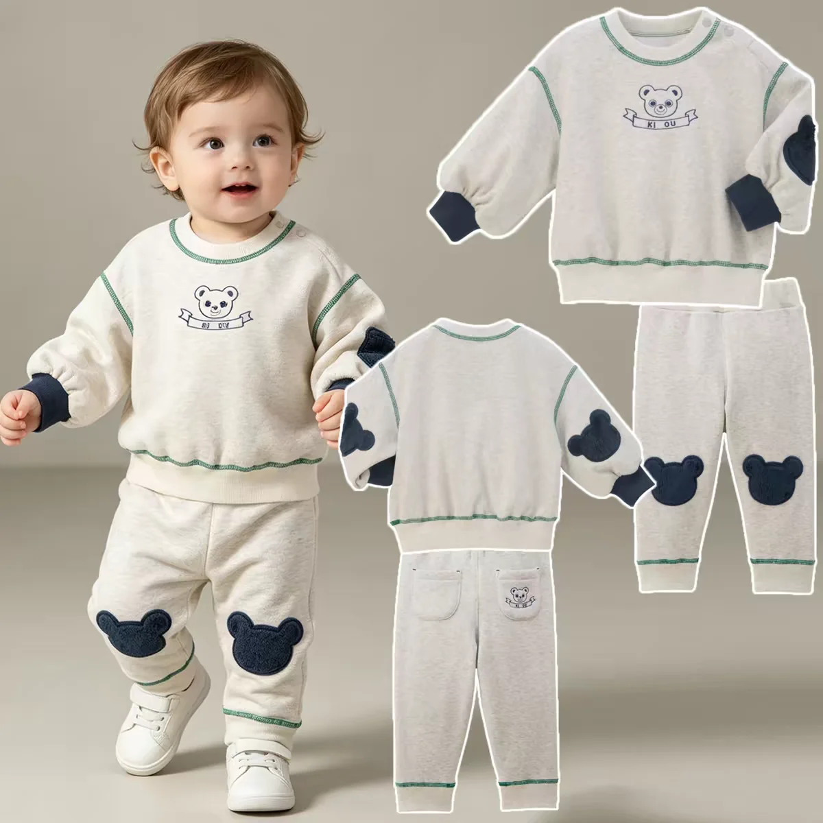 Kids Sweatshirt Set 2026 Winter New Grey Fashion Cute Thickened Warm Boys Girls Sweatshirt Sweatpants Cotton Plus Fleece Coat