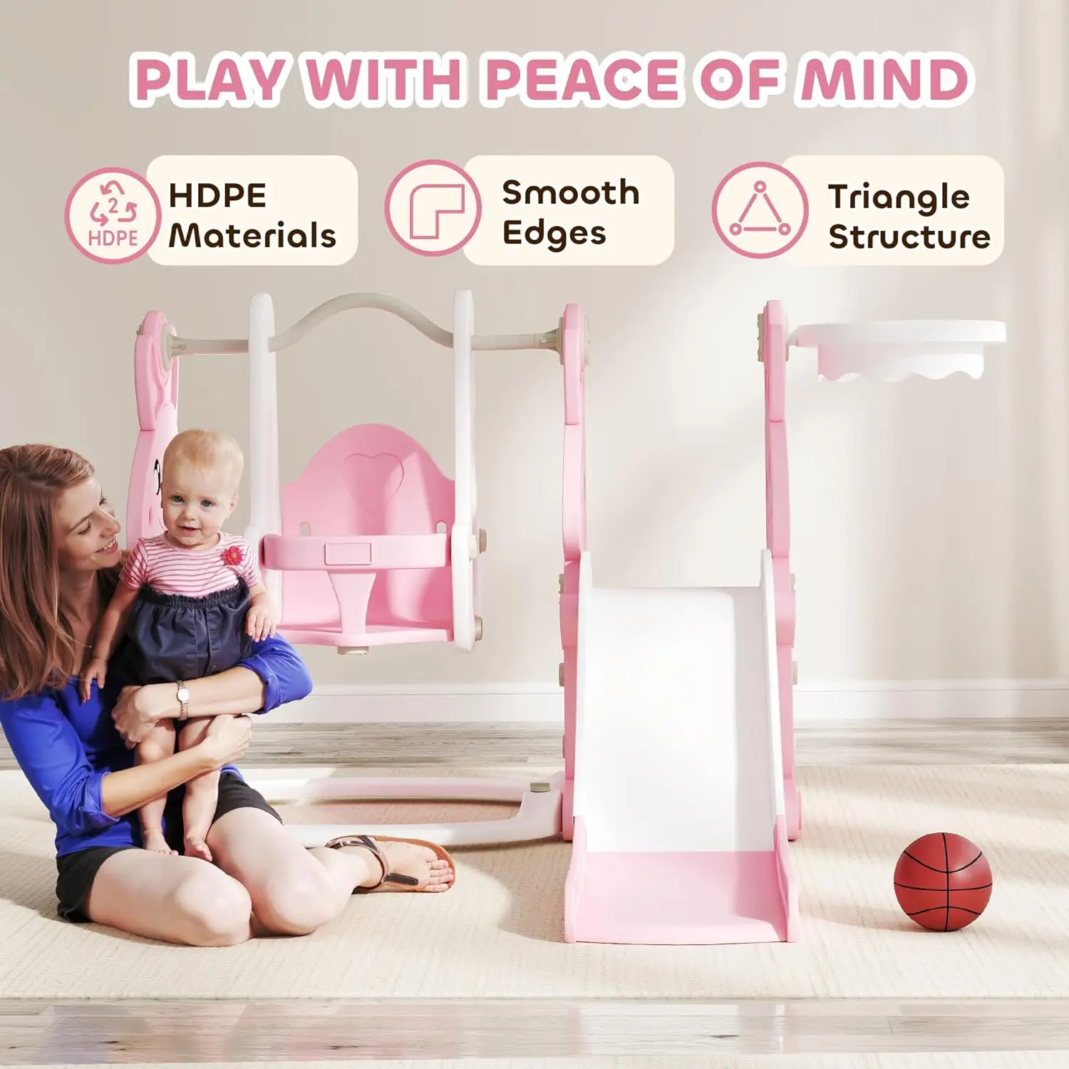 Juego de columpio y tobogán para niños pequeños 4 en 1, juego para niños de 1,5 a 4 años, parque infantil con tobogán para niños con temática de conejo con escalador, cesta Ho