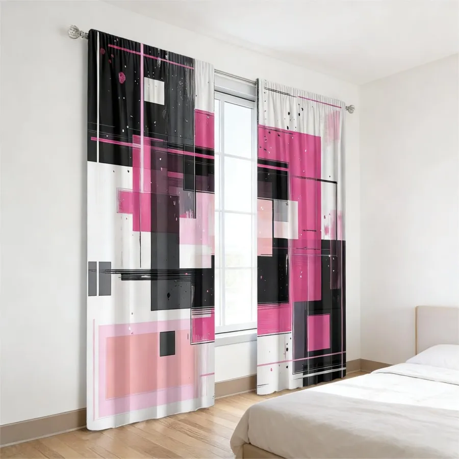 2PCS Digital Print  Curtain, Pink Black Contrast Geometric, Modern Home Decor  Curtain for Bedroom Living Room