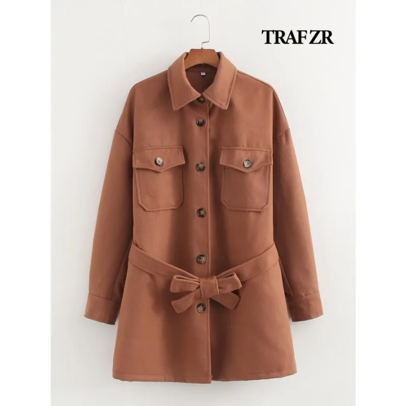 TRAF ZR Wool and Blends Coats Lady Trend 2024 Long New in Vintage Top Femme Chic Lady Comfortable Women\'s Luxury Casual coats