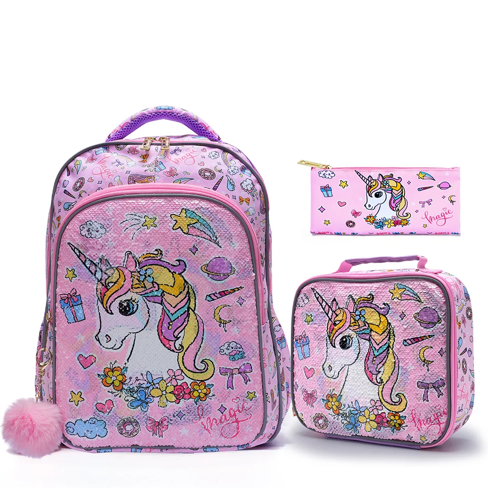 3PCS set Backpack For Girls Kids School BookBag With Lunch And Pen Bag Pink Unicorn Cute sequin Glow-in-the-dark Function