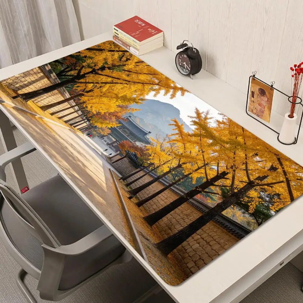 Golden Ginkgo Tree Street Table Mat Non Slip Rubber Base Large Size For Warm Office Decor