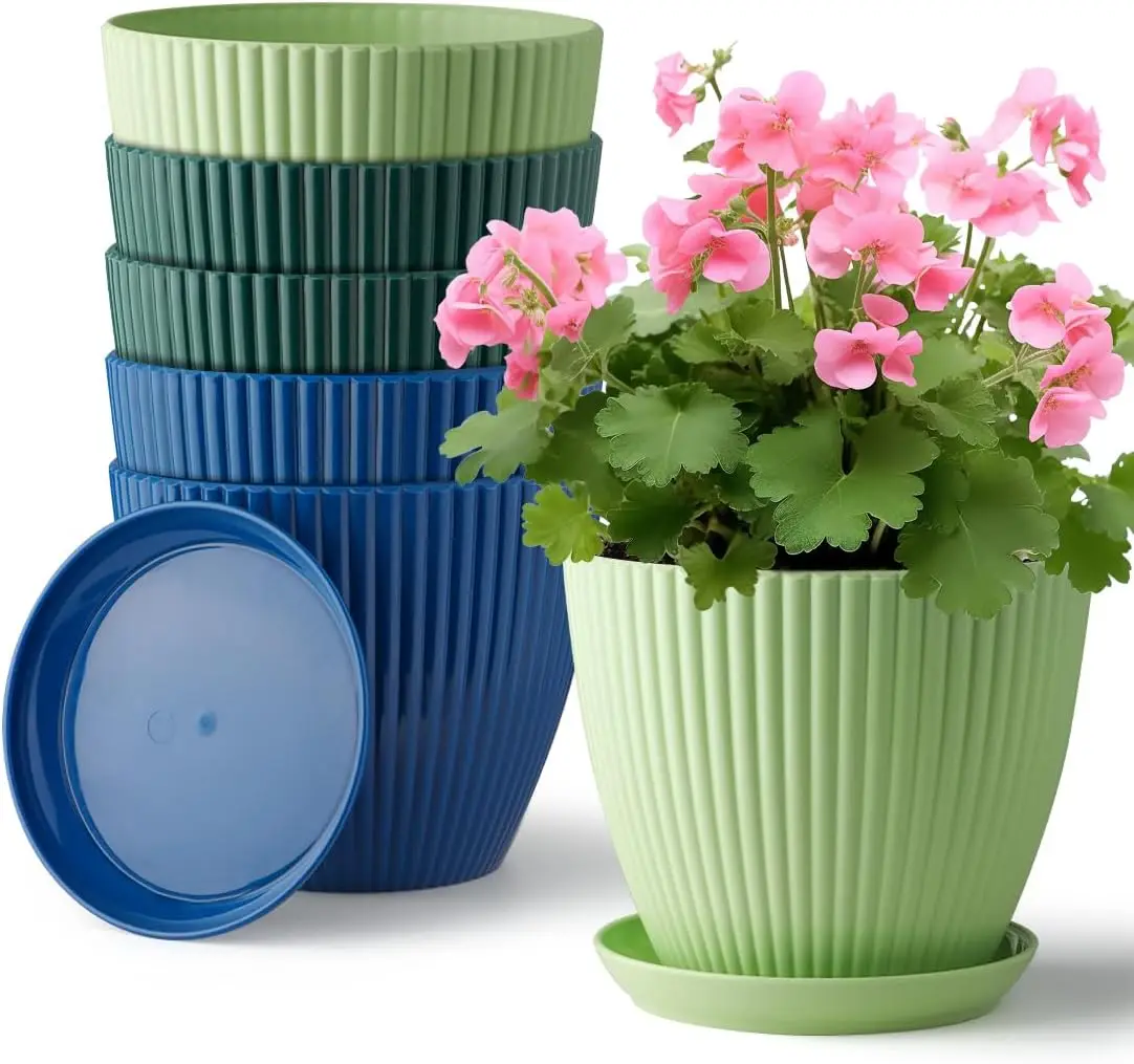 

Plastic Plant Pots, 6 Pack 7.5 Inch Flower Pots with Drainage Holes and Saucer, Planters for Indoor Outdoor Plants, Styl