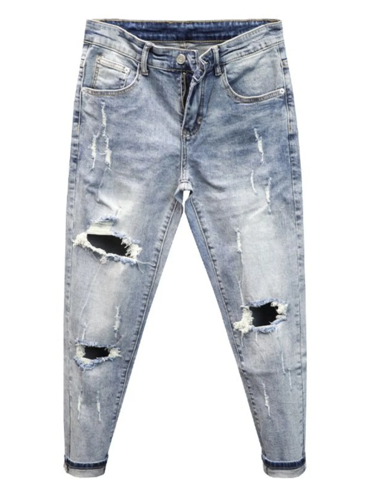 Trendige zerrissene Jeans für Herren, koreanische Sle, schmale Passform, Sommer, dünn, elastisch, helle Farbe, lässig, kleiner Fuß, neun Punkte