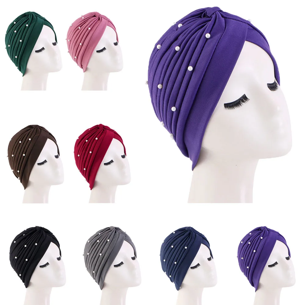 

Women Beaded Turban Bonnet Soild Color Turban Hat Inner Hijab Cap African Headwrap Ladies Head Wraps India Hat Muslim Hijabs Cap