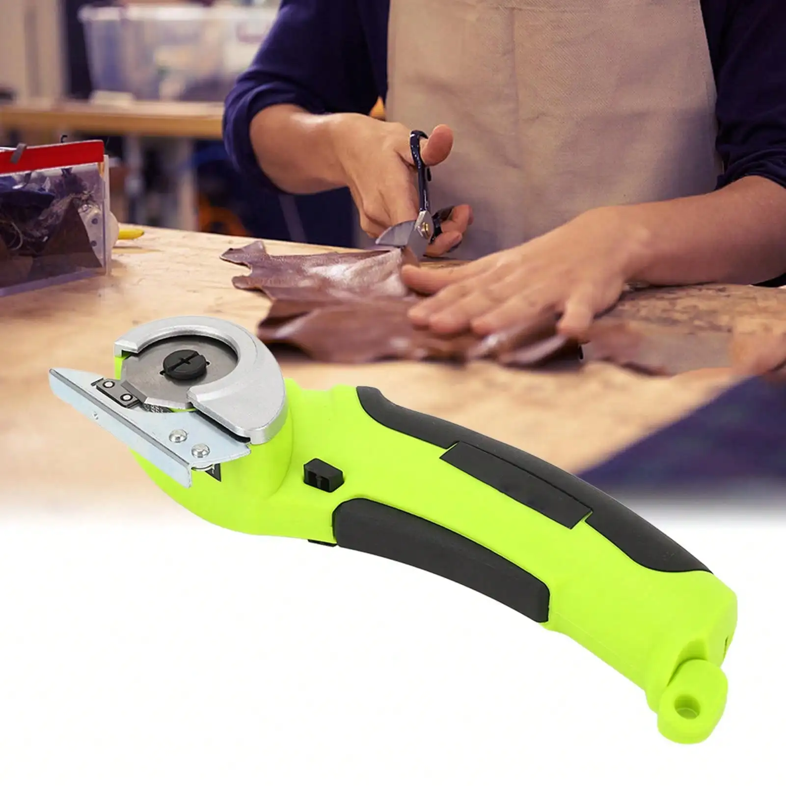 

Green 4V Cordless Electric Mini Box Cutter - Scissors Tool with Replacement Blade/Charger, Cuts Cardboard, Leather, Plastic