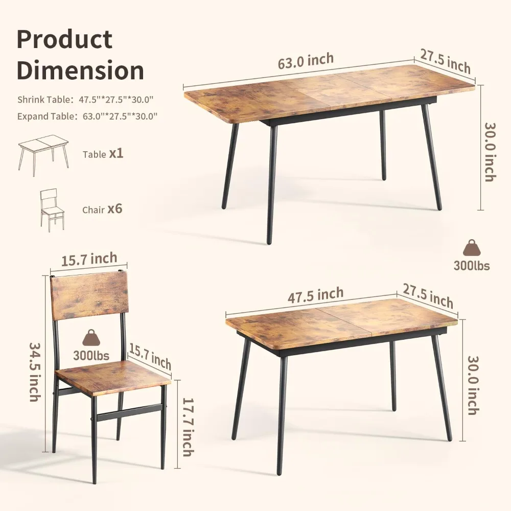 63” Extendable Dining Table Set, 7-Piece Dining Table Sets for 6 People with 6 Chairs, Wood Board Kitchen Table Set