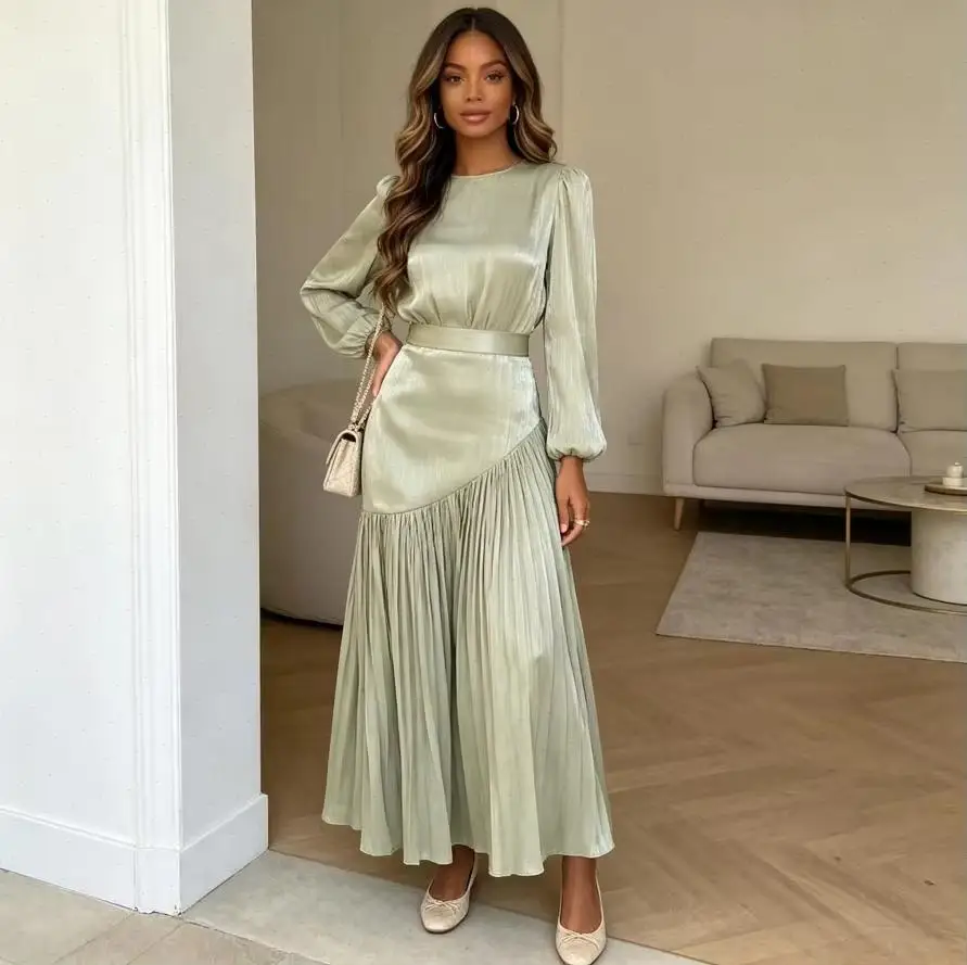 Dress Women Long Dresses Y2k Streetwear Work A Line Round Neck Lantern Sleeve Elegant Splice Tight Waist Party Night 2026 Summer