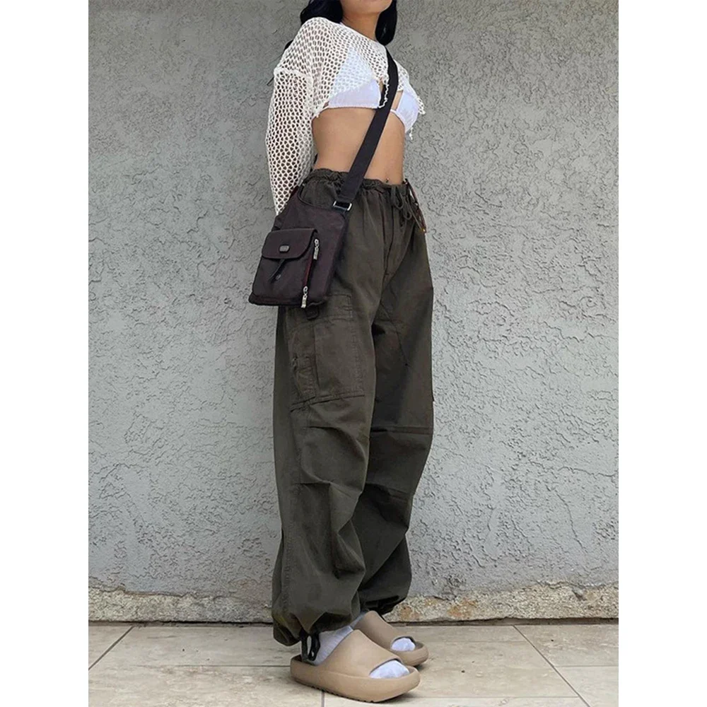 2024 Drawstring Baggy Y2K Cargo Pants Women Low Waist Sweatpant Trousers Vintage Street Pockets Wide Leg Joggers Pant