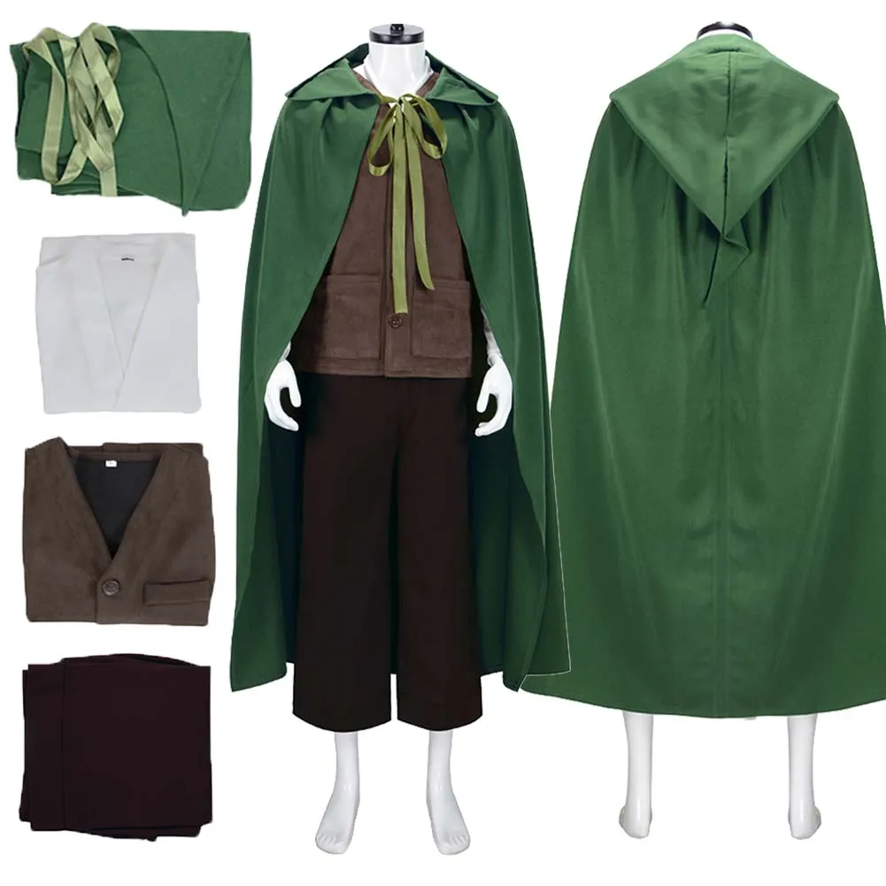 

Movie Lorded Rings Frodo Cloak Green Vest Pants Cloak Shirt Vest Pants Roleplay Outfit Halloween Party Clothes