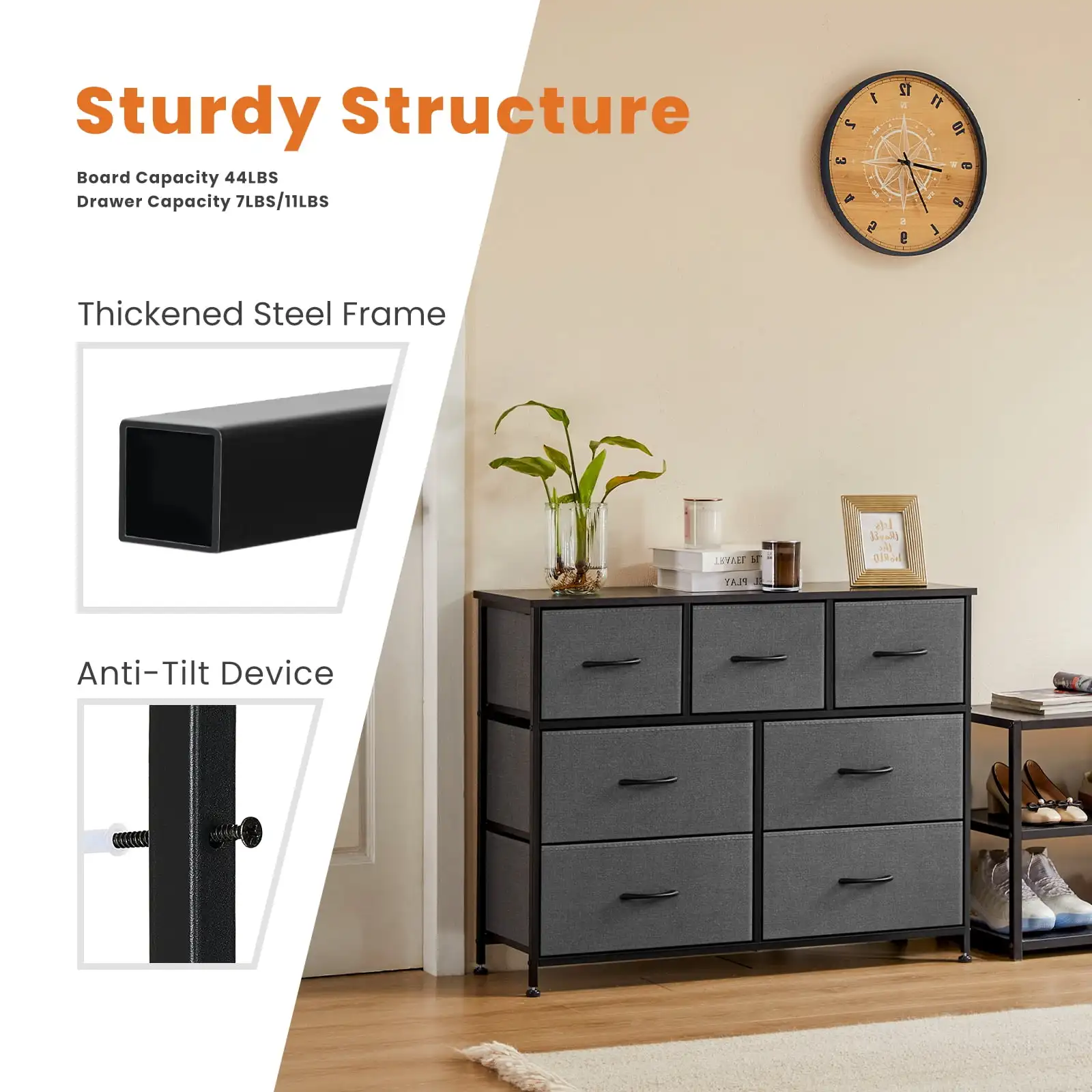 خزانة تخزين من القماش ذات 7 أدراج لغرفة النوم، والخزانة، وأثاث تخزين للبالغين، باللون الرمادي #6