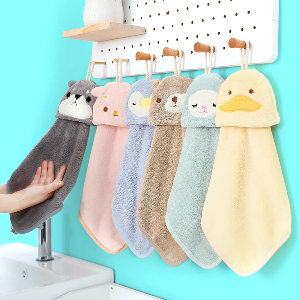 Cute Animal Coral Velvet Hand Towel Super Soft Absorbent Microfiber Hand Towel Hanging Bathroom Kitchen Towel Cleaning Cloth