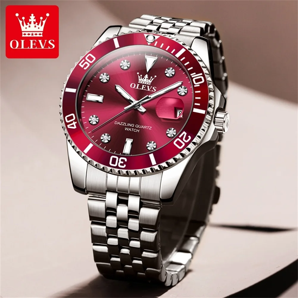 OLEVS-reloj analógico de acero inoxidable para hombre, nuevo accesorio de pulsera de cuarzo resistente al agua con bisel giratorio y temporizador, complemento masculino de lujo con esfera luminosa y calendario, 9809