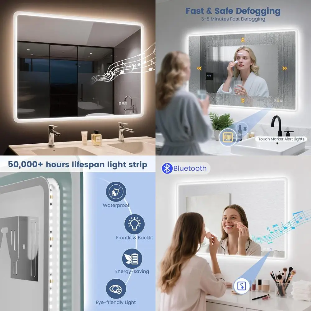 

Настенное зеркало для макияжа с Bluetooth, LED-подсветкой 40x32, 3 режима цветовой температуры, пошаговое затемнение, защита от запотевания, сенсорное управление