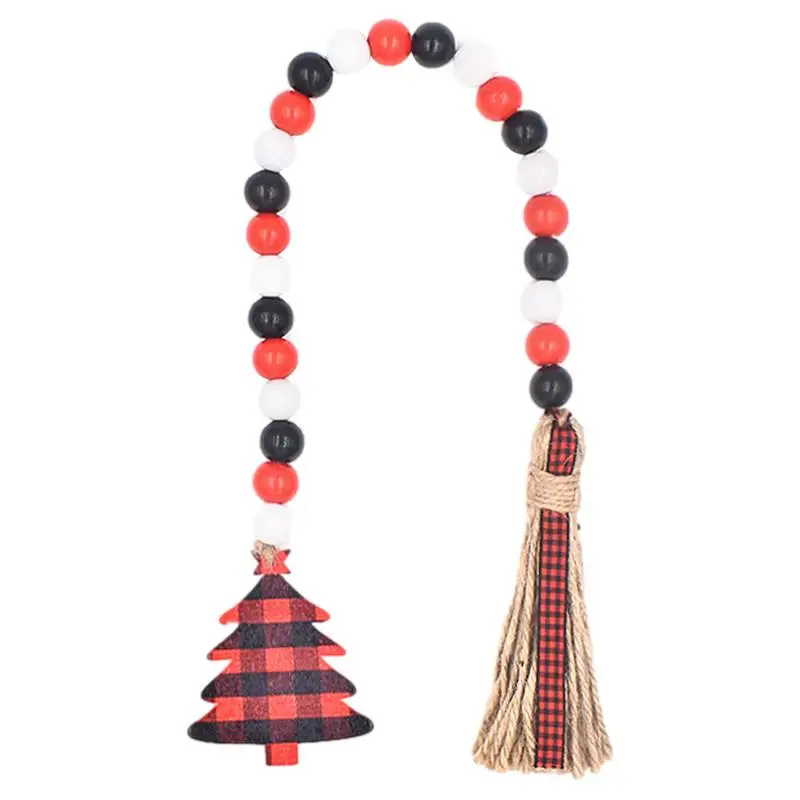 Christmas Wood Bead Wreath Snowman Pendant Wooden Bead Garlands With Tassel Wood Bead String For Christmas Tree Decor