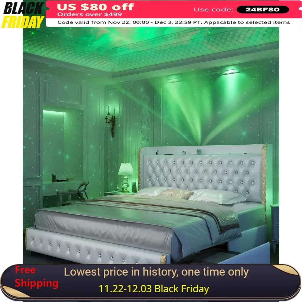 Queen Size Bed Frame with 4 Drawer, Star Projector Galaxy Light, Charger Music Speaker, Diamond Headboard, Upholstered Bed Frame