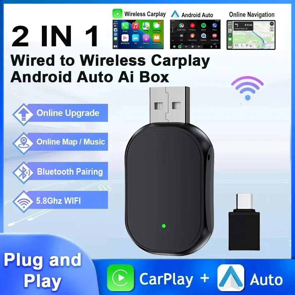 Wireless Carplay & Android Auto Adapter 2 In 1 Plug and Play USB Type C Dongle Wifi และเชื่อมต่อบลูทูธสําหรับโรงงานแบบมีสายรถยนต์