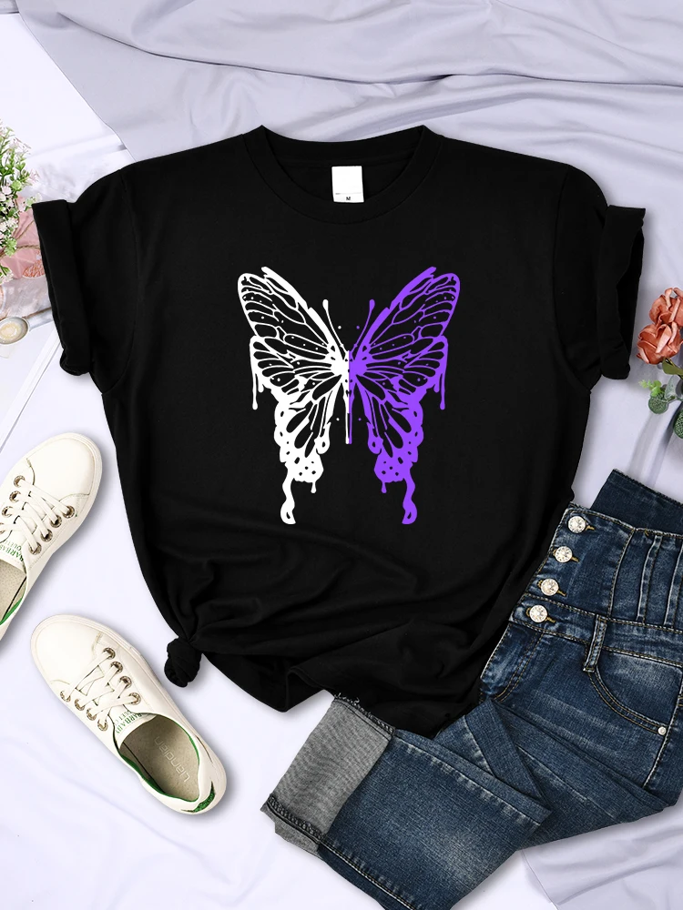 White And Purple Butterflies Personality Funny Print T-Shirt Women Summer Breathable Short Sleeve Soft Comfortable T Shirt Tees