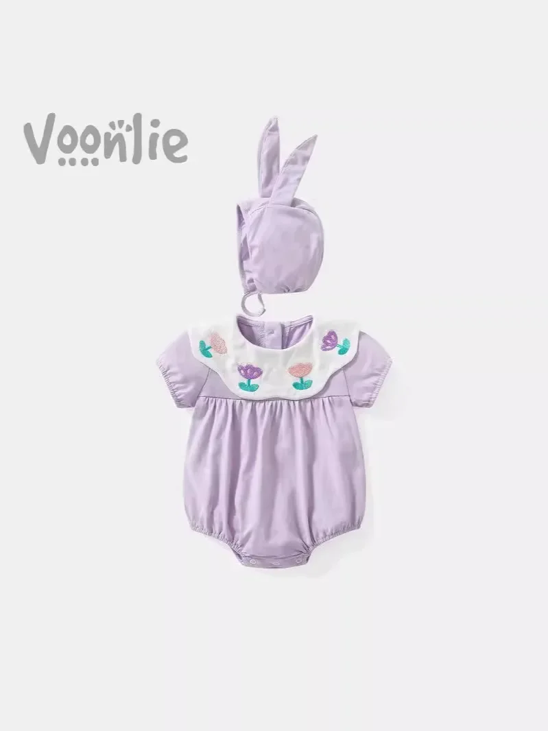 2024 Baby Girls Embroidery Flowers Rompers+long Ears Hat,toddlers Kids Summer Birthday Bodysuits Clothes Outfits