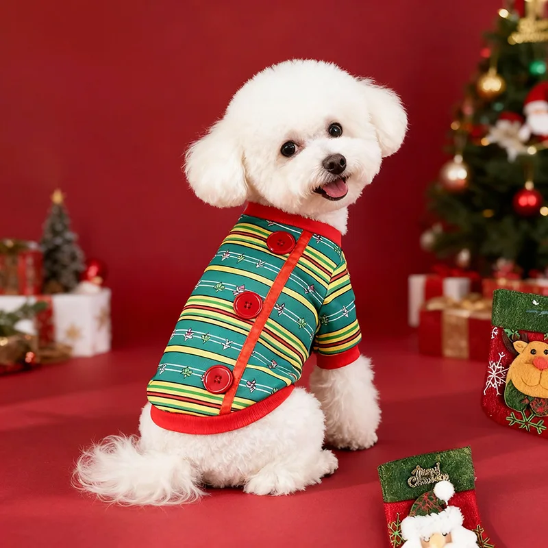 Christmas Themed Oriental Style Colorful Striped Dog Winter Coat Festive Red Buttons Stylish Warm Pet Outerwear for Small Dogs