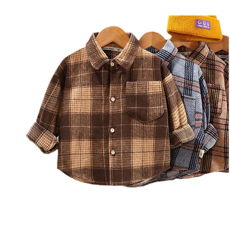 2024 Autumn Children Boys Plaid Shirts Cotton Turn Down Collar Casual Toddler Kid Boy Coat Loose Long Sleeve Infant Baby Boy Top