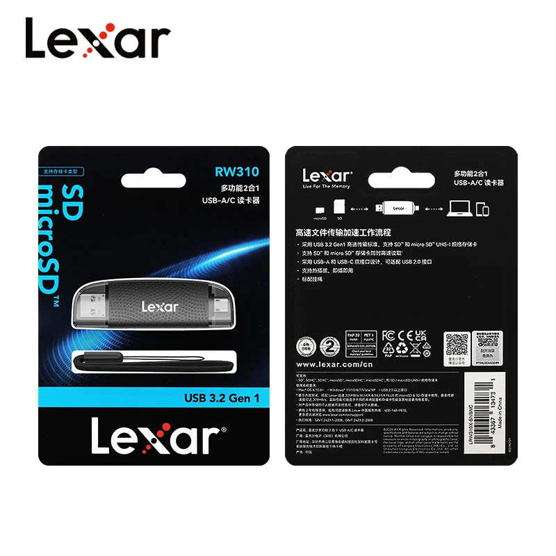 Lexar 2in1 Card Reader USB3.2 Type-C RW310 Card Reader Dual Interface TF/SD Memory Card Dual-use for Computer Mobile Phone