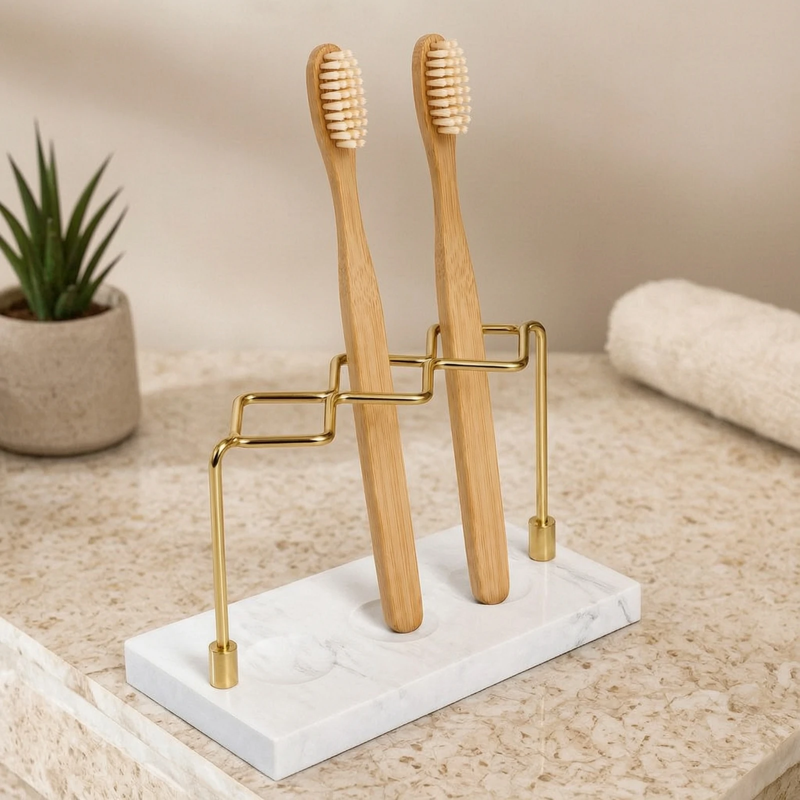 Toothbrush Holder with Marble-Look Resin Base Open-Frame Toothbrush Holder with Resin Base Bathroom Countertop Organizer