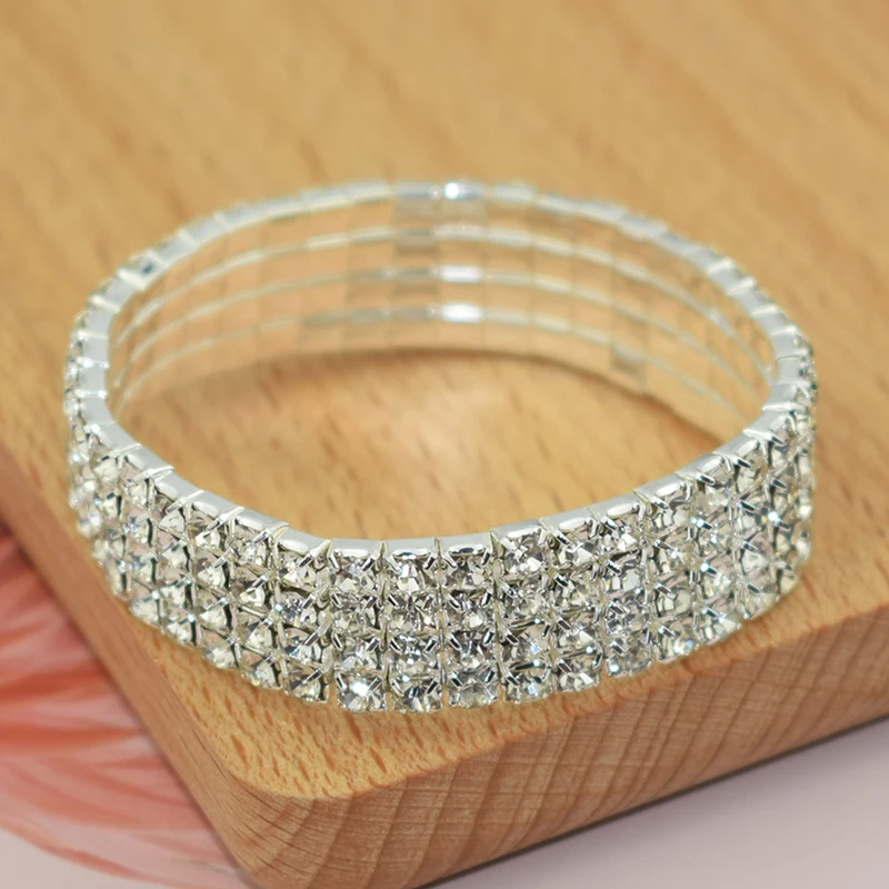 Klassisches mehrfach glänzendes Strass-Kristall-Stretch-Armband für Frauen und Mädchen, Braut, Hochzeit, elastisches Armband, Gold- und Silberfarbe – Detail 15