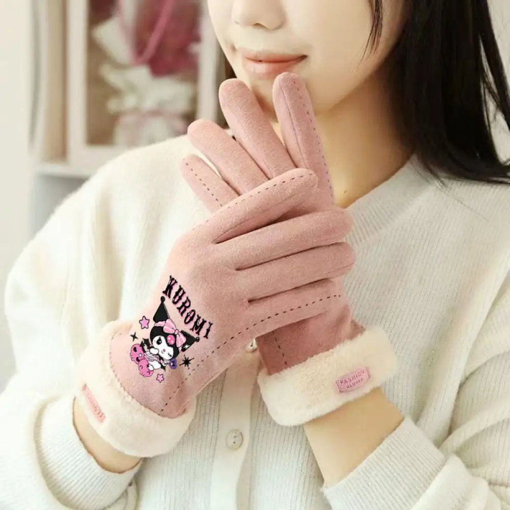 Anime Sanrioed Kuromi Plush Touch Screen Gloves Kawaii Winter Warm Cartoon Cartoon Five Fingers Soft Thicken Girl Student Gift