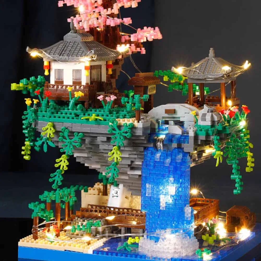 LED Light Peach Castle Blossom Pond Building Blocks Bricks Ancient Building Model Assembly Kids Assembly Toy