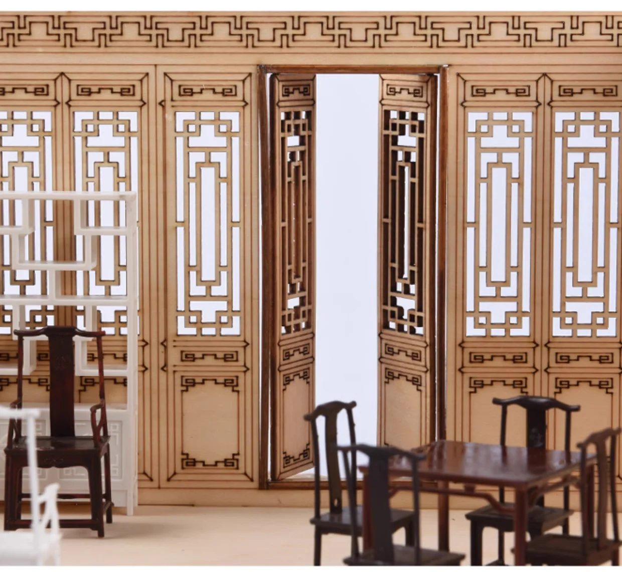 6pcs Chinese Style Furniture Wooden Door Wooden Window 1:25 Miniatures for Dollhouse Accessories Model Craft Construction Kit