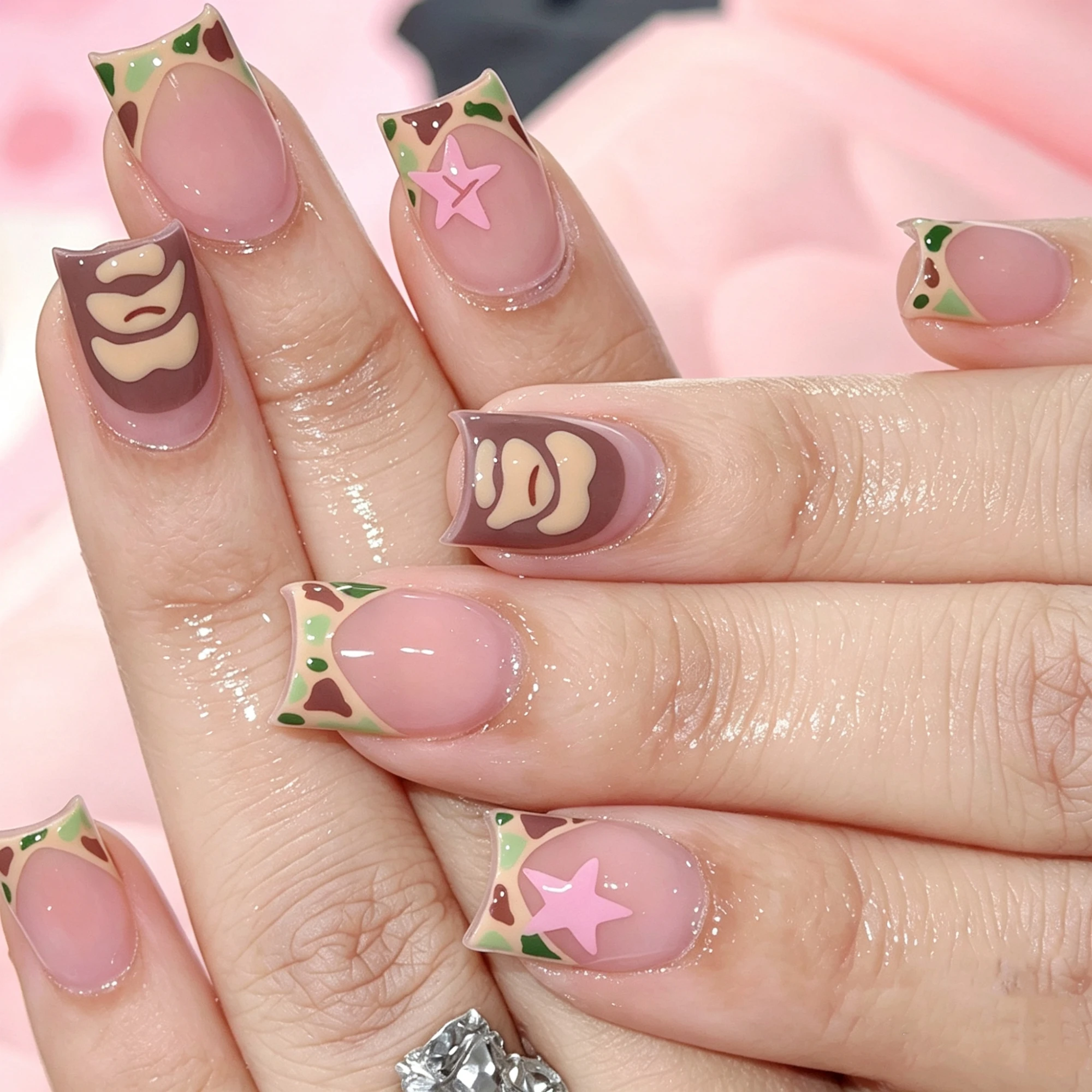 Wear-Resistant Press On Nails Stylish for Party Events 24pcs Leopard Print Pink Star Resin False Tips Fashionable Manicure