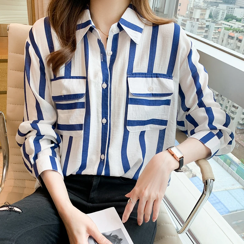 Stylish Women's Button Down Shirt Classic Long Sleeve Collared Tops Work Office Chiffon Blouse Striped Shirts with Pocket S-XXL