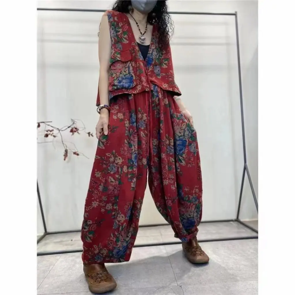 

Женский повседневный костюм в стиле ретро, жилет на шнуровке с v-образным вырезом, брюки до щиколотки с эластичной резинкой на талии, модный комплект с цветочным принтом