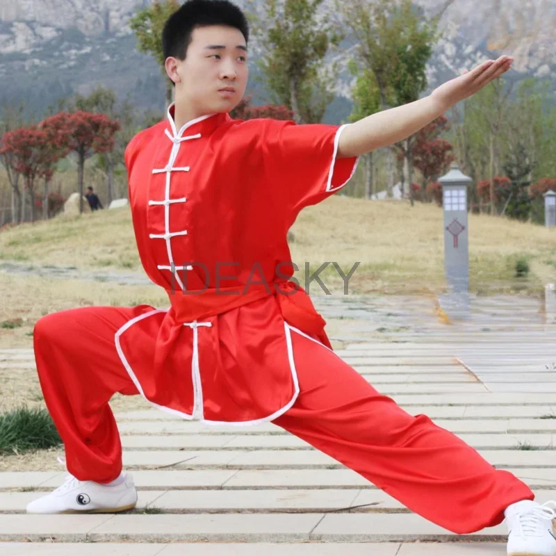 Traditional Chinese Kung Fu Wushu Clothing Wing Chun Martial Arts Uniforms Adult Kids Blue Red Black Short Sleeve Tai Chi Suit