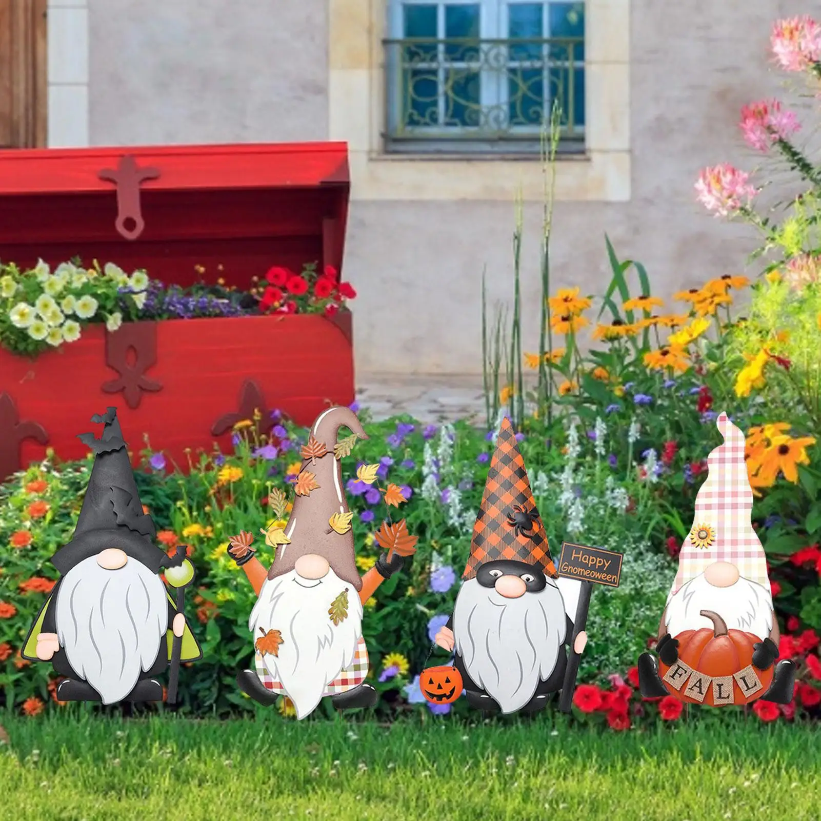 Halloween Decorative Garden Stake Rust-Proof Cute Scene Ornament Outdoor Gnome Garden Stake for Fall Season Patio Lawn Backyard